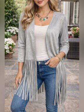 Western Fringe Jacket Gray Lightweight Cardigan Boho Chic